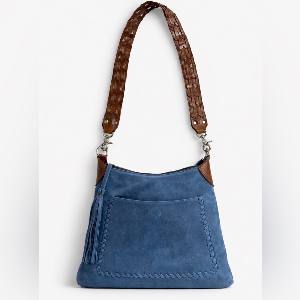 Laggo Blue Leather Crossbody Bag Whipstitch Pocket Boho Hobo Shoulder